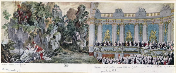 Jeanne Antoinette Poisson (1721-64), markisinnan de Pompadour och vicomte de Rohan i operan "Acis et Galatee" på Theatre des Petits Cabinets i Versailles, 10 februari 1749 (helioch).